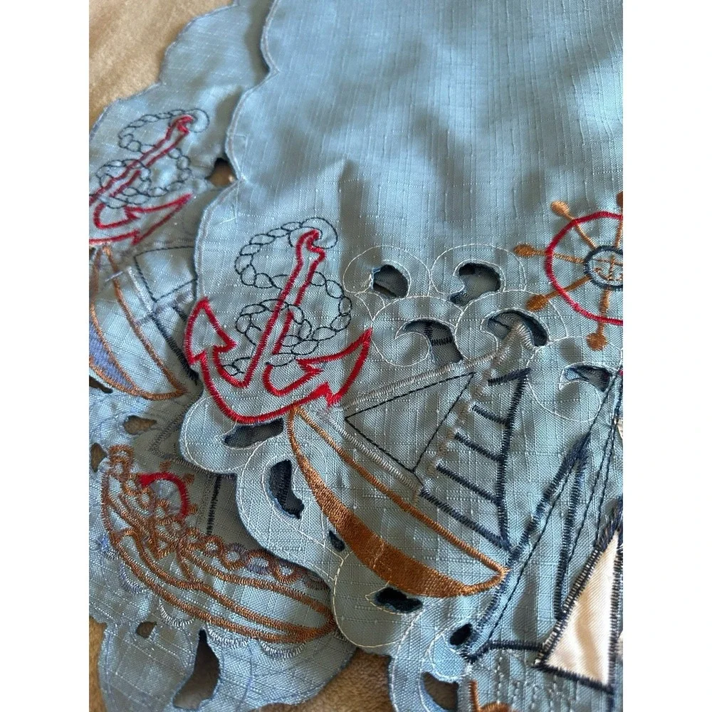 Nautical Themed Embroidered Table runner Topper Cutwork Coastal Sailboats